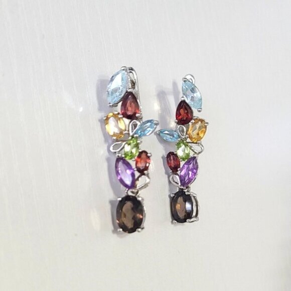 Vintage Boho Sterling Silver Colourful Rainbow Crystal Flower Drop Long Earrings - Picture 5 of 10